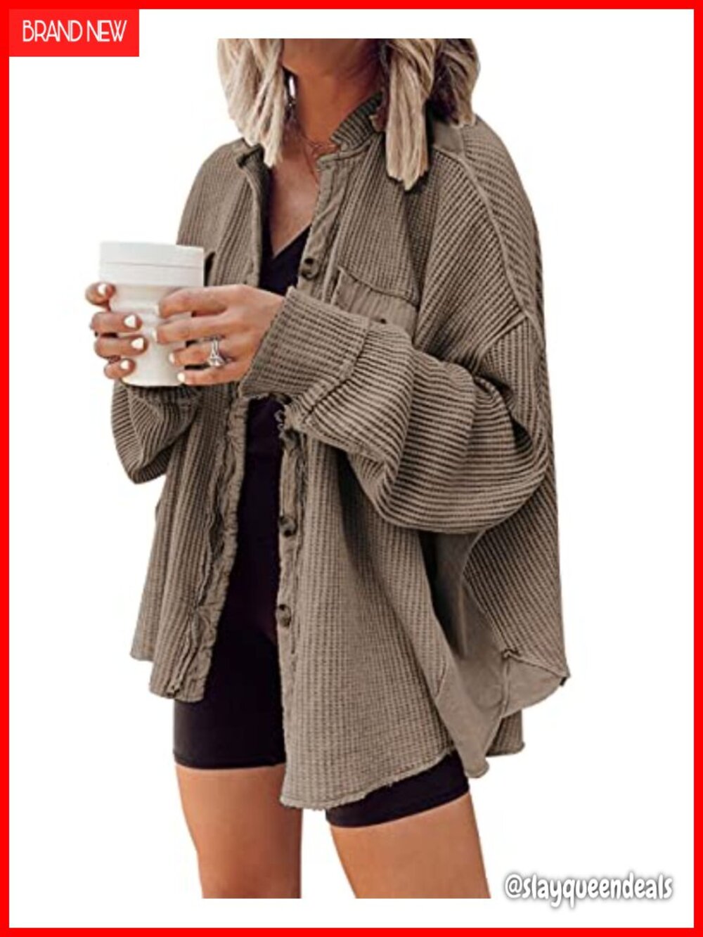 Waffle Knit Button Down Shacket Batwing Sleeve Oversized Shirt Jacket